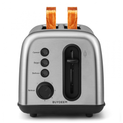 Torradeira BUYDEEM DT420 2 Fatias em Aço Inoxidável com Slots Extra Largos, 6 Configurações de Tostagem, Design Compacto Retro Prateado