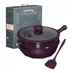 Panela Funda Antiaderente com Indicador de Calor, Tampa de Vidro, Grelha a Vapor, Livre de PFOA, Segura para Lava-louças e Forno,TIBORANG