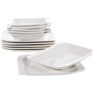 Conjunto de Pratos Rasos e Sobremesa, 12 Peças em Porcelana, Quadrados, Vancasso Gitana, Branca