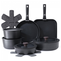Jogo de Panelas e Frigideiras Antiaderentes, Material em Alumínio com 17 Peças e Cabo Removível, SENSARTE, Preto