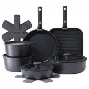 Jogo de Panelas e Frigideiras Antiaderentes, Material em Alumínio com 17 Peças e Cabo Removível, SENSARTE, Preto