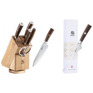 Conjunto de Facas em Aço Inoxidável com Bloco de Bancada, 7 Peças, KYOKU, Marrom