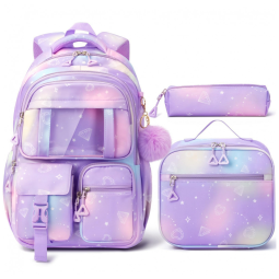 Mochila escolar Fimibuke roxa 3 em 1 com lancheira térmica e estojo para notebook até 15,6"