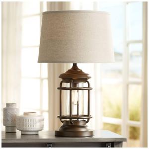 Luminária de Mesa Vintage em Metal com USB e Abajur de Tecido, FRANKLIN IRON WORKS 45P79, Marrom