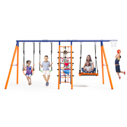 Balanço Infantil 6 em 1 SIHANM Metal Reforçado Laranja e Azul com 3 Balanços Ajustáveis, Escada, Rede e Cesta de Basquete, Capacidade 318 kg