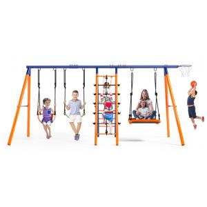 Balanço Infantil 6 em 1 SIHANM Metal Reforçado Laranja e Azul com 3 Balanços Ajustáveis, Escada, Rede e Cesta de Basquete, Capacidade 318 kg