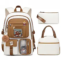 Mochila LXYGD 3 em 1 bege e cáqui para notebook até 16", com lancheira e estojo, impermeável