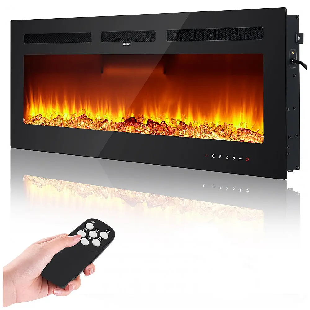 Lareira Elétrica 152 cm, Recessada e Montada na Parede, Aquecedor 1500W/750W, Termostato (15-37°C), Controle Remoto e Touch, 12 Cores