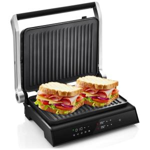 Grill Elétrico com Placas Antiaderentes, Bandeja de Gotejamento Removível e Controle de Temperatura, 110V 1200W, Costway, Preto