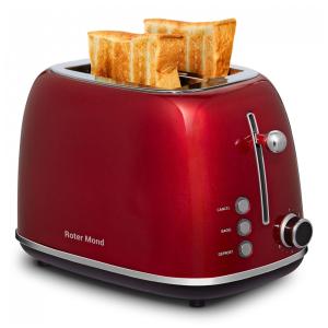 Torradeira Roter Mond 2 Fatias Vermelha Retro Inox 6 Níveis Funções Bagel Descongelar Cancelar Slots Largos Bandeja Removível 110V