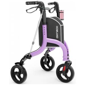 Andador Dobrável para Idosos de 3 Rodas com Suporte para Bengala e Altura Ajustável, HOMLAND, Roxo