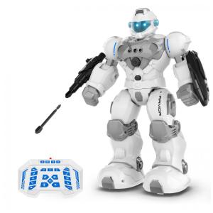 Robô programável STEMTRON branco com controle remoto, gestos, modo cantar e dançar, lançador e bateria recarregável