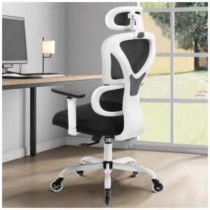 Cadeira de Escritório Ergonômica Giratória com Apoio de Braços 3D e Suporte Lombar Ajustável, Branca, FELIXKING, Branco