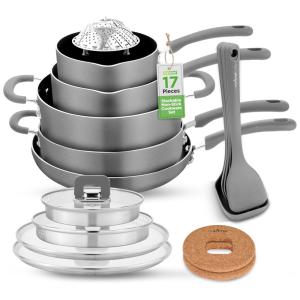 Jogo de Panelas Antiaderentes com Botão Dobrável e Economia de Espaço, 17 Peças, NutriChef, Cinza