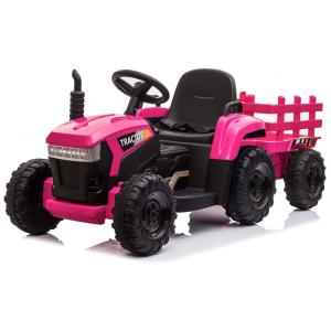 Trator Elétrico Infantil com Reboque e Motores Duplos de 35W á Bateria 12V, 3 Marchas e Luzes LED, TOBBI, Rosa
