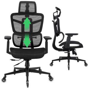 Cadeira de Escritório Ergonômica Giratória com Apoio de Braços 3D, Suporte Lombar Ajustável e Apoio de Cabeça 8D, SAMOFU, Preto