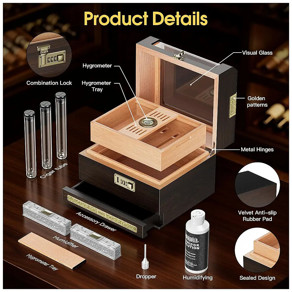 Humidor para Charutos DXXULL Tampa Transparente Madeira Cedro 45-50 Charutos Com Trava Combinação — foto 2