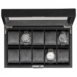 Caixa, Estojo de Couro com Trava e Visor de Vidro para Relógios com 10 Compartimentos, ROTHWELL, Preto e Cinza