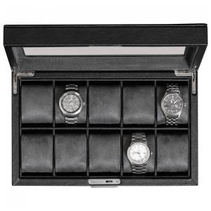 Caixa, Estojo de Couro com Trava e Visor de Vidro para Relógios com 10 Compartimentos, ROTHWELL, Preto e Cinza