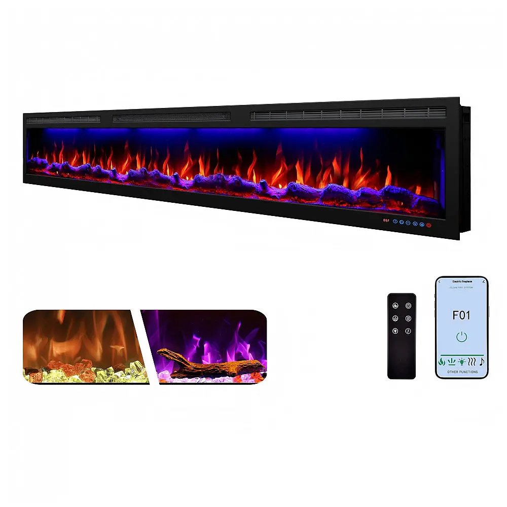 Lareira Elétrica de Embutir A44x223L com Controle por APP e Chamas Multicoloridas, 110V 1500W, Dreamflame, Preta
