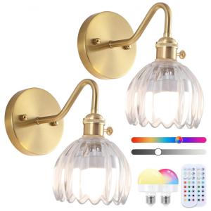 Rnzziw Conjunto de 2 Arandela Vintage Recarregável com Controle Remoto RGB Dimável, Lâmpadas de Parede Sem Fio com Abajur de Vidro