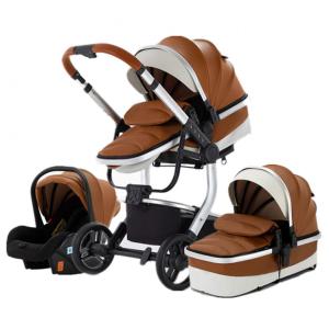 EUFER Carrinho de Bebê 3 em 1 em Couyro Sintético com Rodas de Borracha para até 15 kg, Marrom