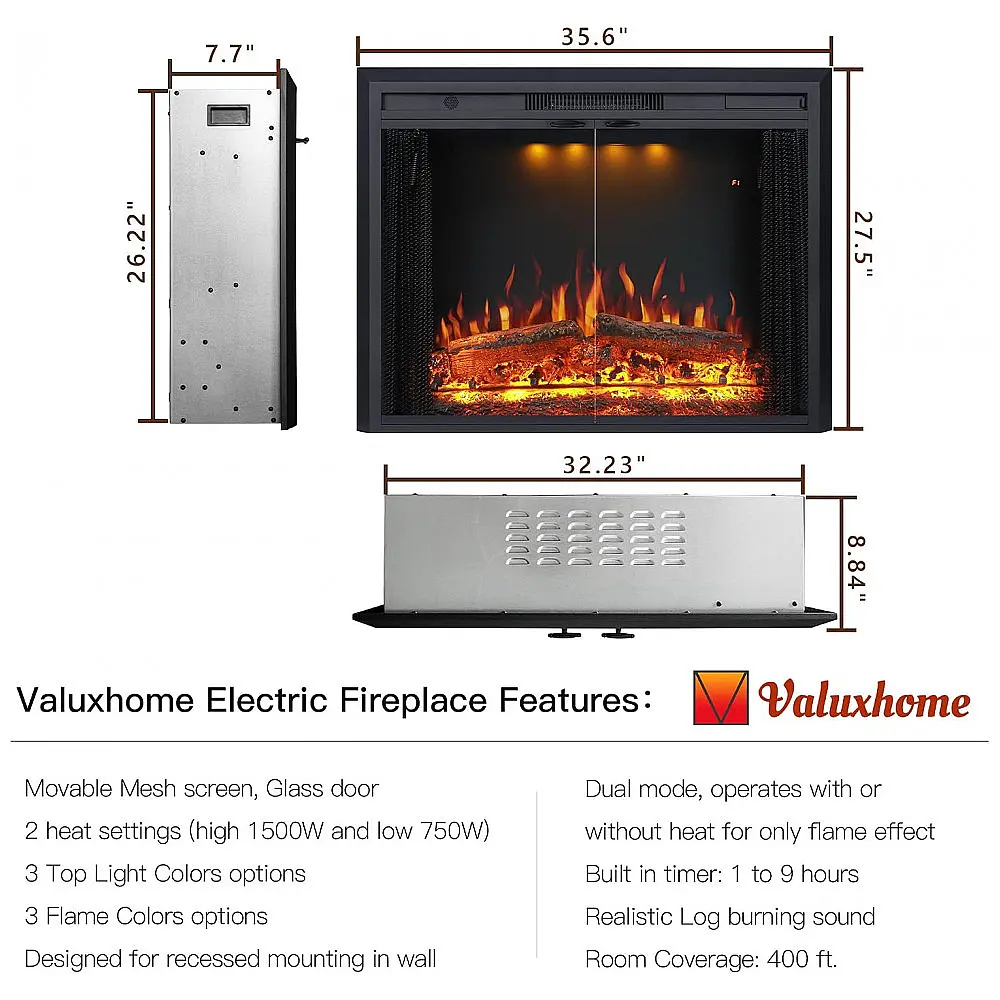 Lareira Elétrica Valuxhome 91x70cm 1500W Chamas 3 Cores Timer Embutir 110V — foto 2