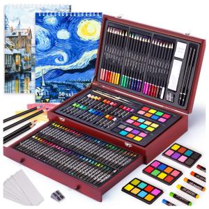 Conjunto de arte de luxo de 165 peças com 3 blocos de desenho, 1 cavalete de madeira com gaveta, conjunto de pintura e desenho que contém