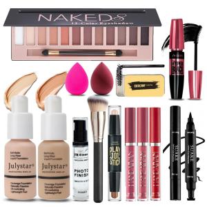 Kit de Maquiagem Completo Tudo em Um Geyomi, 12 Cores Sombra Matte, Base Nude Bege, Primer, 3 Batons Líquidos, Contorno, Sabão Sobrancelhas