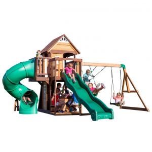 Playground Infantil de Madeira com Cozinha Compacta, Parede de Escalada, Escorregador, Tobogã, Telescópio e 2 Balanços, Backyard Discovery