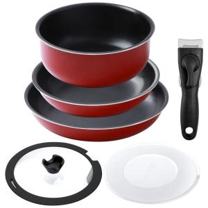 Jogo de Panelas e Frigideiras Antiaderentes, Material em Alumínio com 6 Peças e Cabo Removível, Motase TF-FP002, Vermelho