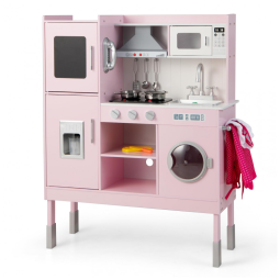 Cozinha Infantil em Madeira com Exaustor, Forno, Micro-ondas e Acessórios para Crianças Acima de 3 Anos, Costzon, Rosa