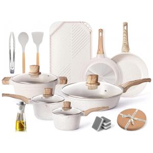 Jogo de Panelas e Frigideiras Antiaderentes em Alumínio com Utensílios, 20 Peças, Caannasweis, Bege