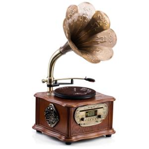 Vintage clássico fonógrafo retrô gramofone toca discos de vinil toca discos Bluetooth 4.2, 3, Aux in, USB, FM rádio com chifre de cobre