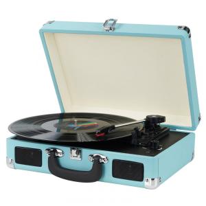 Toca-discos retrô portátil, 3 velocidades, alto-falantes integrados, saída RCA, entrada auxiliar, perfeito para ouvir vinis com estilo.