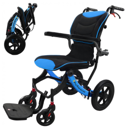 Cadeira de Rodas para Adultos ProTraverse Azul e Preta Dobrável Leve com Almofadas Removíveis Viagem Todos os Terrenos