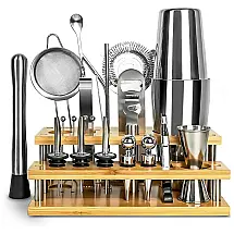 Kit Bartender Profissional 24 Peças em Aço Inoxidável com Suporte de Bambu, JMhaoxiush, Prata