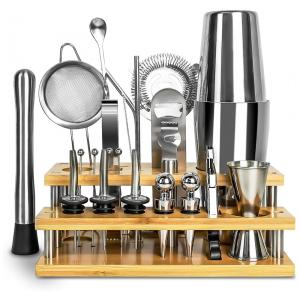 Kit Bartender Profissional 24 Peças em Aço Inoxidável com Suporte de Bambu, JMhaoxiush, Prata