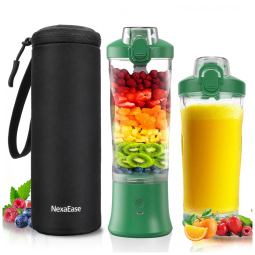 Liquidificador portátil NexaEase 600ml verde com capa térmica preta recarregável USB-C para shakes e smoothies