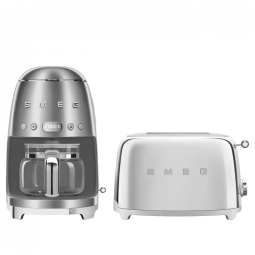 Conjunto Café da Manhã Smeg – Cafeteira Gotejamento 10 xícaras Programável + Torradeira 2 Fatias Inox, Bundles TSF01 – 120V