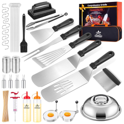 Griddle Kit Churrasco na Grelha 42 Peças de Aço Inoxidável e Injetor de Carne com Estojo de zenamento, ASHIHOTI, Prateado