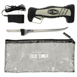 Faca Elétrica Sem Fio Old Timer com Lâmina de 20 cm em Aço Inox, Trava, Bateria Recarregável e Estojo Auto-Drenante para Pesca e Carne