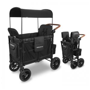 Carrinho de Passeio para 2 Crianças Multifuncional com Porta Objeto e Cobertura, até 136 kg, WONDERFOLD W2, Preto Vulcânico