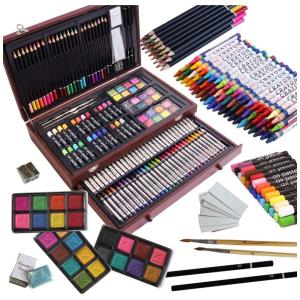 Kit Lápis de Cor Profissional com Maleta de Madeira peças Tintas Acrílicas, Aquarela, LUCKY CROWN 143, Marrom