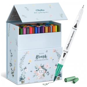 Conjunto de Canetas Artisticas 100 Cores com Pontas Duplas, Pincel Fino à Base de Água para Crianças e Adultos, Ohuhu, Branca