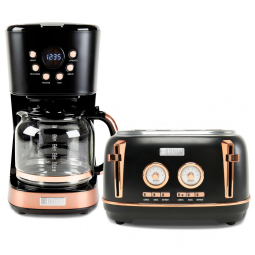 Kit Torradeira 4 Fatias Slots Largos Inox, Controle Programável, + Cafeteira Elétrica 12 Xícaras, Haden, Preto/Cobre, 110V