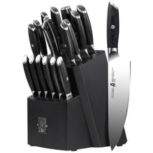 Conjunto de Facas em Aço Inoxidável com Afiador Embutido e Bloco de Bancada Peças, TUO Knife Block Set 17 PCS, Preto