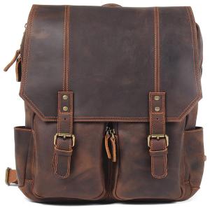 Mochila Masculina para Laptop de Couro, RC ROCKCOW, Marrom