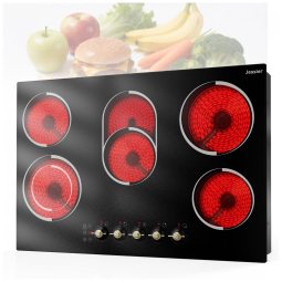 Cooktop elétrico de embutir 77 cm Jessier vitrocerâmico preto 5 zonas radiantes 8400W timer, trava de segurança e zona dupla 220V