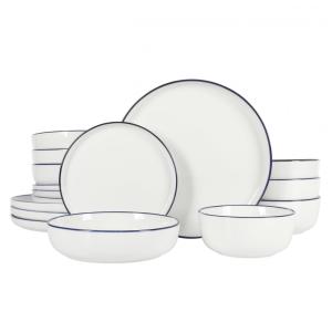 Aparelho de Jantar de Porcelana Gibson Home Oslo 16 Peças - Branco com Acabamento Azul: Resistente a Rachaduras e Arranhões,